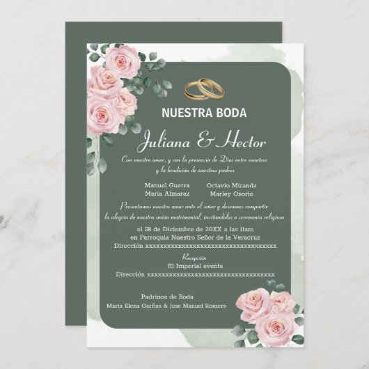Invitation Mariage de fleurs vertes (Devant / Derrière)