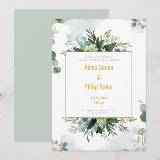 Invitation Mariage de fleurs vertes (Devant / Derrière)