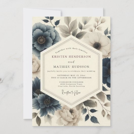 Invitation Mariage de Fleurs Vintage Bleu Ardoise (Devant)