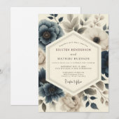 Invitation Mariage de Fleurs Vintage Bleu Ardoise (Devant / Derrière)