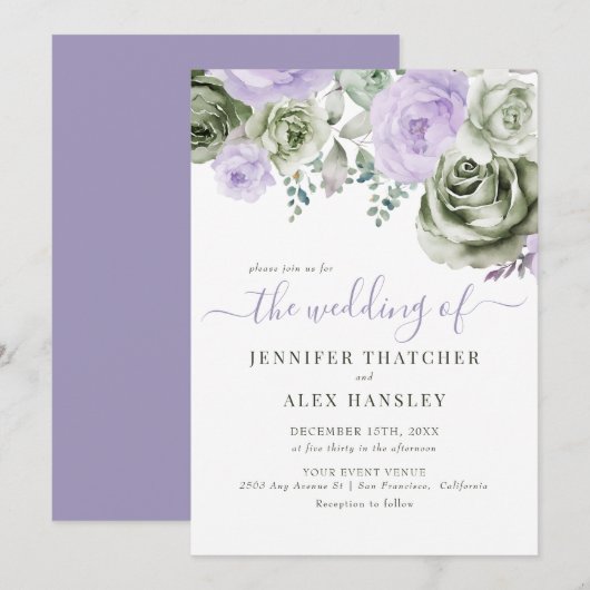 Invitation Mariage de fleurs violet vert (Devant / Derrière)