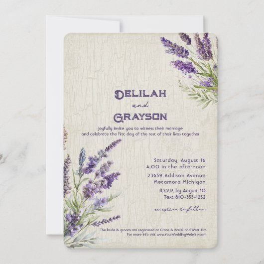 Invitation Mariage de fleurs violettes de lavande rustique (Devant)