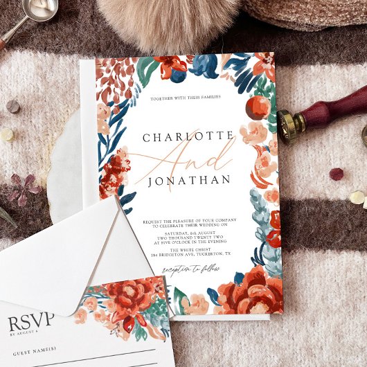 Invitation Mariage de fleurs vives de Boho orange brûlé