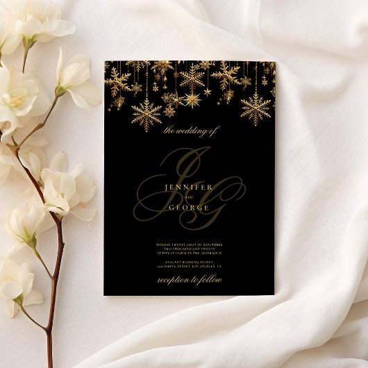 Invitation Mariage de flocons de neige en or noir