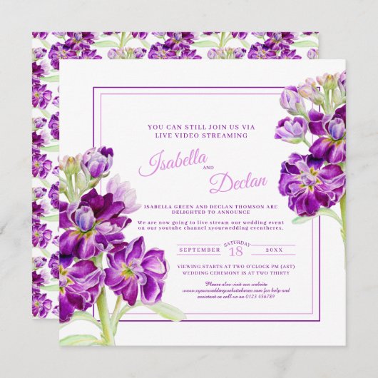Invitation Mariage de flux en direct de fleurs stocks violet (Devant / Derrière)