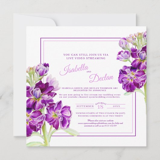Invitation Mariage de flux en direct de fleurs stocks violet (Devant)