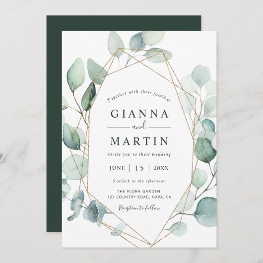 Invitation Mariage de Foliage Géométrique Or (Devant / Derrière)