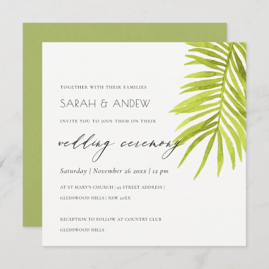 INVITATION MARIAGE DE FOLIER EN FEUILLE DE PALMIER VERT (Devant / Derrière)
