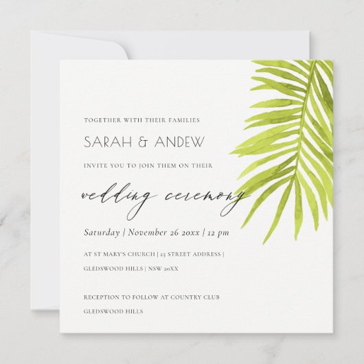 INVITATION MARIAGE DE FOLIER EN FEUILLE DE PALMIER VERT (Devant)