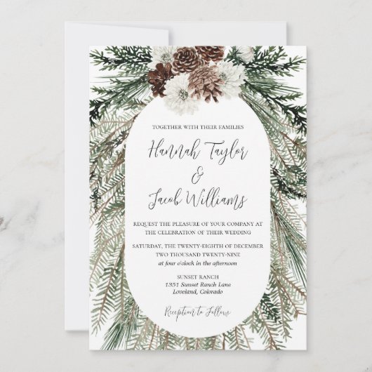 Invitation Mariage de forêt de pins d'hiver avec code QR RSVP (Devant)