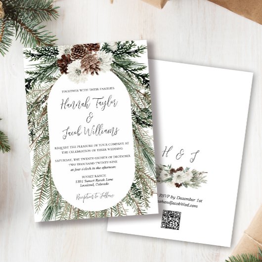 Invitation Mariage de forêt de pins d'hiver avec code QR RSVP
