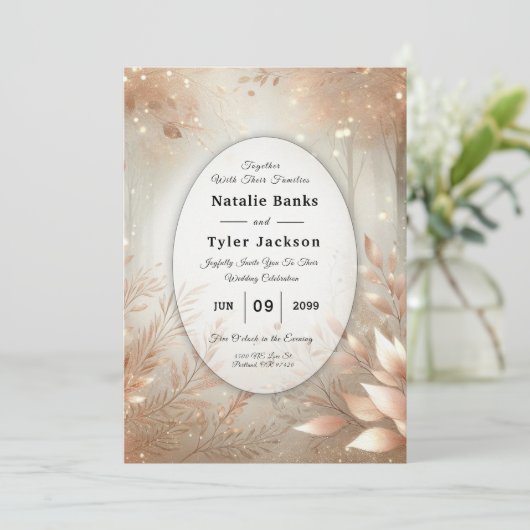 Invitation Mariage de forêt enchantée en bois de rose doré (Debout devant)