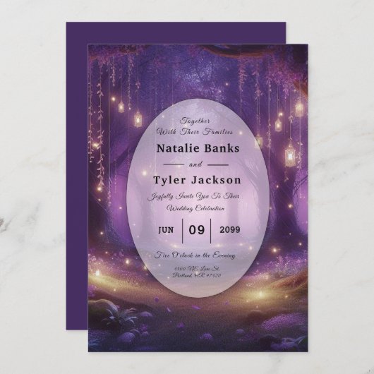 Invitation Mariage de forêt enchantée violet de minuit (Devant / Derrière)