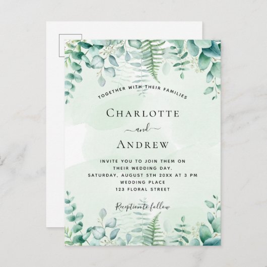 Invitation mariage de fougères eucalyptus (Devant / Derrière)