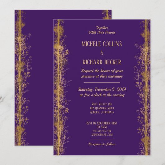 Invitation Mariage de frontière botanique en or chic (Devant / Derrière)