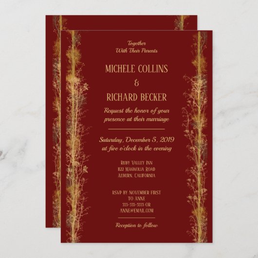 Invitation Mariage de frontière botanique en or chic (Devant / Derrière)