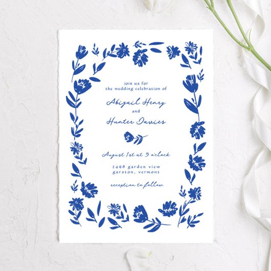 Invitation Mariage de frontière de la main bleue dessinée Whi
