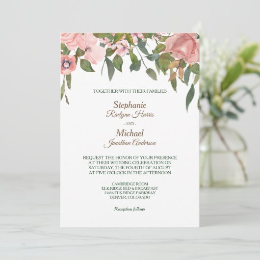 Invitation Mariage de frontière floral Rose (Debout devant)