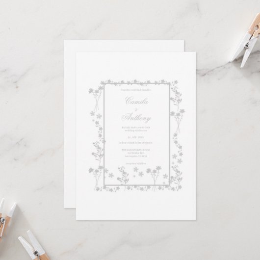Invitation Mariage de frontière florale argent (Devant/Arrière en situation)