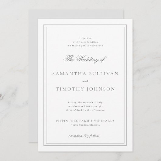 Invitation Mariage de frontière gris blanc intemporel (Devant / Derrière)