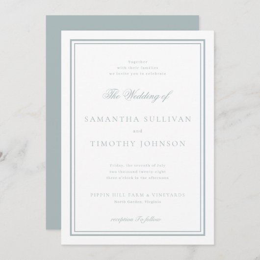 Invitation Mariage de frontière gris bleu classique français (Devant / Derrière)