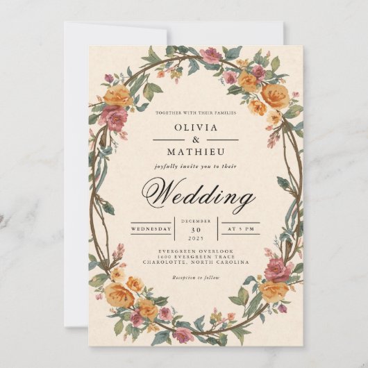 Invitation Mariage de frontière ovale floral rustique (Devant)
