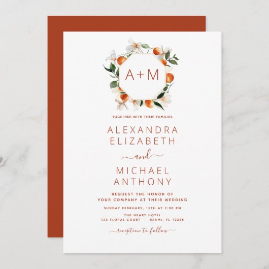 Invitation Mariage de fruits d'agrumes d'orange brûlé (Devant / Derrière)