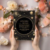 Invitation Mariage de galaxie céleste d'or noir mystique