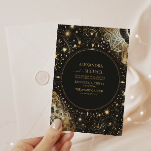 Invitation Mariage de galaxie céleste d'or noir mystique