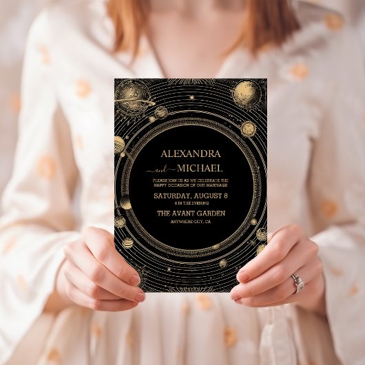 Invitation Mariage de galaxie céleste d'or noir mystique