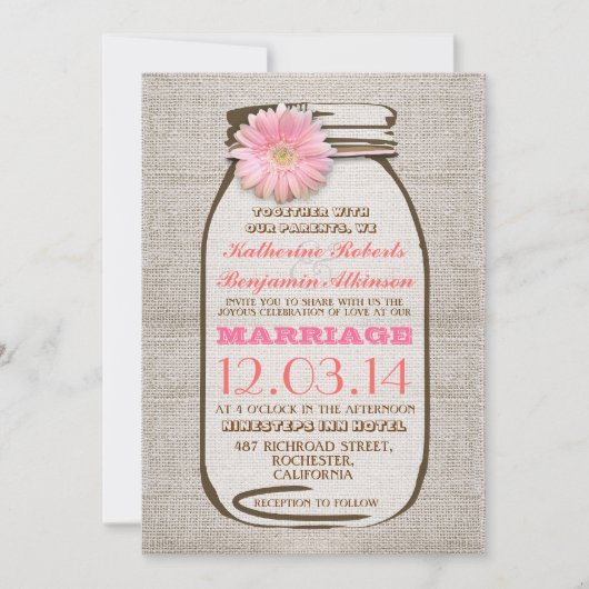 Invitation Mariage de gerberie rose poitrine de brun rustique (Devant)