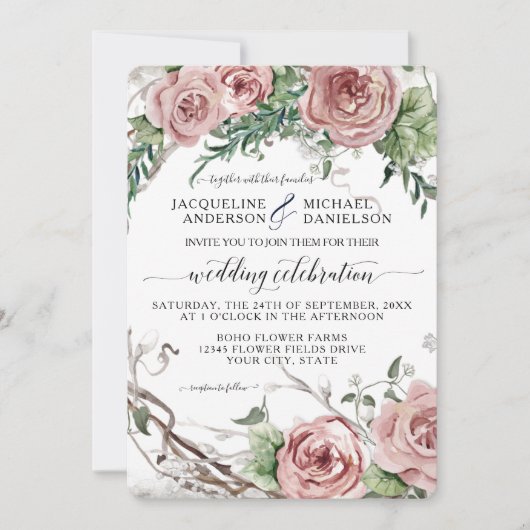 Invitation Mariage de germe rustique rose rose rose de BOHO (Devant)