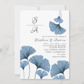 Invitation Mariage de gingko bleu et blanc de feuillage rusti (Devant)