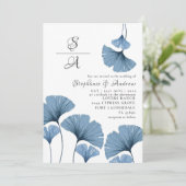 Invitation Mariage de gingko bleu et blanc de feuillage rusti (Debout devant)