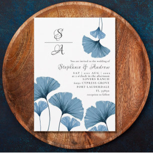 Invitation Mariage de gingko bleu et blanc de feuillage rusti