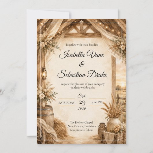 Invitation Mariage de grange rustique (Devant)