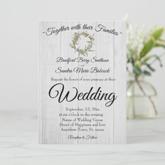 Invitation Mariage de grange rustique, Eucalyptus Wreath (Debout devant)