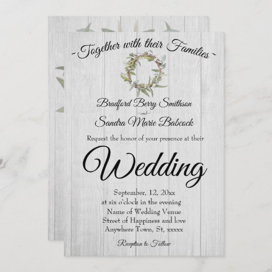 Invitation Mariage de grange rustique, Eucalyptus Wreath (Devant / Derrière)