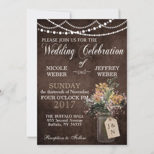 Invitation Mariage de grange rustique lumières Mason Jar (Devant)