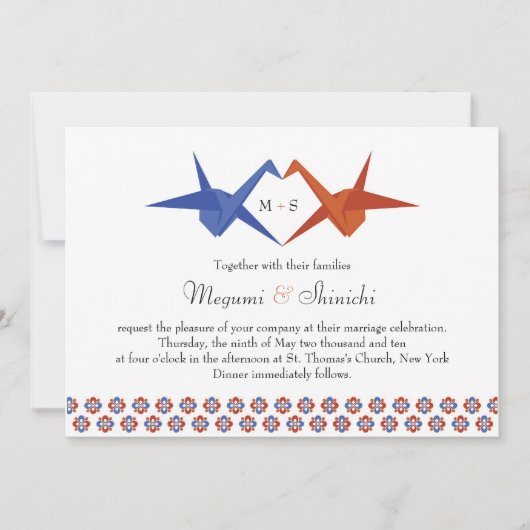 Invitation Mariage de grues Origami (Bleu - Orange Brûlé) (Devant)