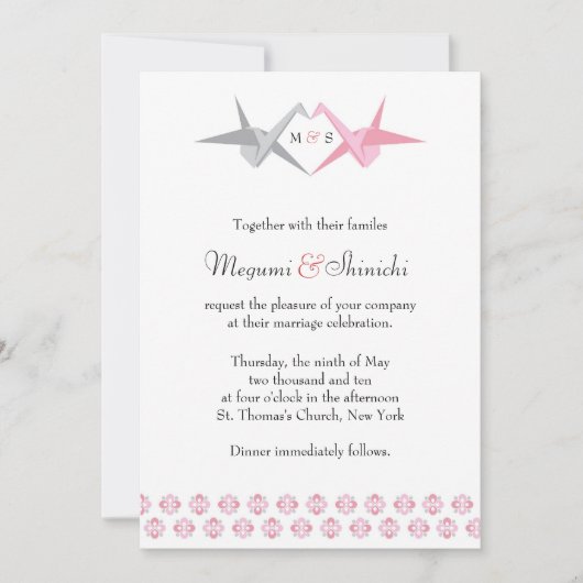 Invitation Mariage de grues Origami (rose et argent) (Devant)