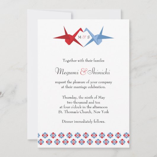 Invitation Mariage de grues Origami (Scarlet + Bleu C) (Devant)