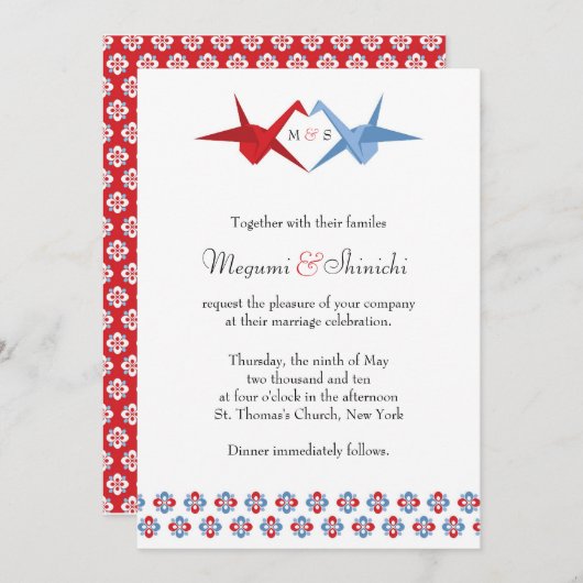 Invitation Mariage de grues Origami (Scarlet + Bleu C) (Devant / Derrière)
