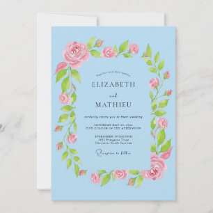 Invitation Mariage de guirlande de roses bleu ciel