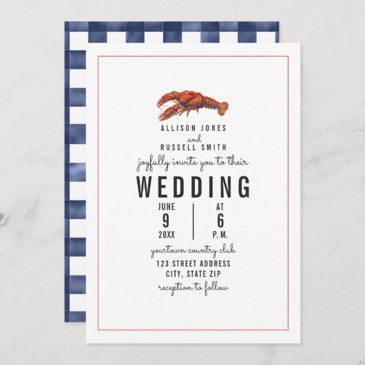 Invitation Mariage de homard En vichy bleu patiné (Devant / Derrière)