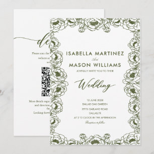 Invitation mariage de jardin à motifs floraux vert olive en c