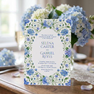 Invitation Mariage de jardin côtier aux hortensias bleu pouss