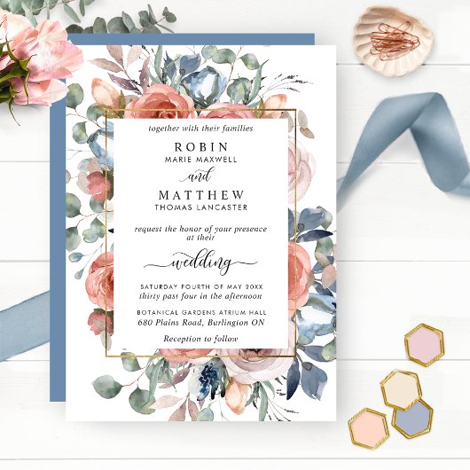 Invitation Mariage de Jardin Élégant Floral Bienheureux, Bleu