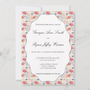 Invitation Mariage de Jardin Fleur Sauvage Bleu Corail