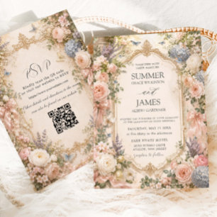 Invitation Mariage de Jardin Floral Anglais Régence QR RSVP